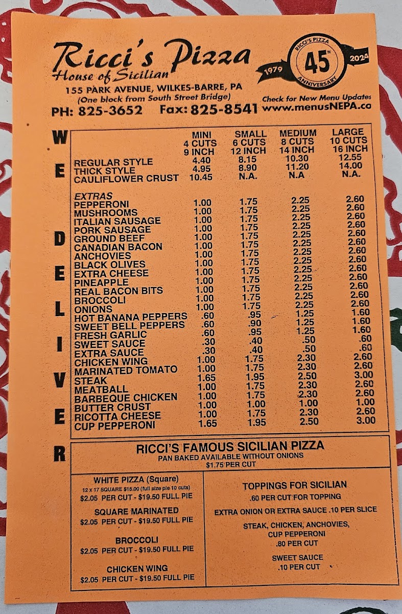 Ricci's Pizzeria Menu - Image 1